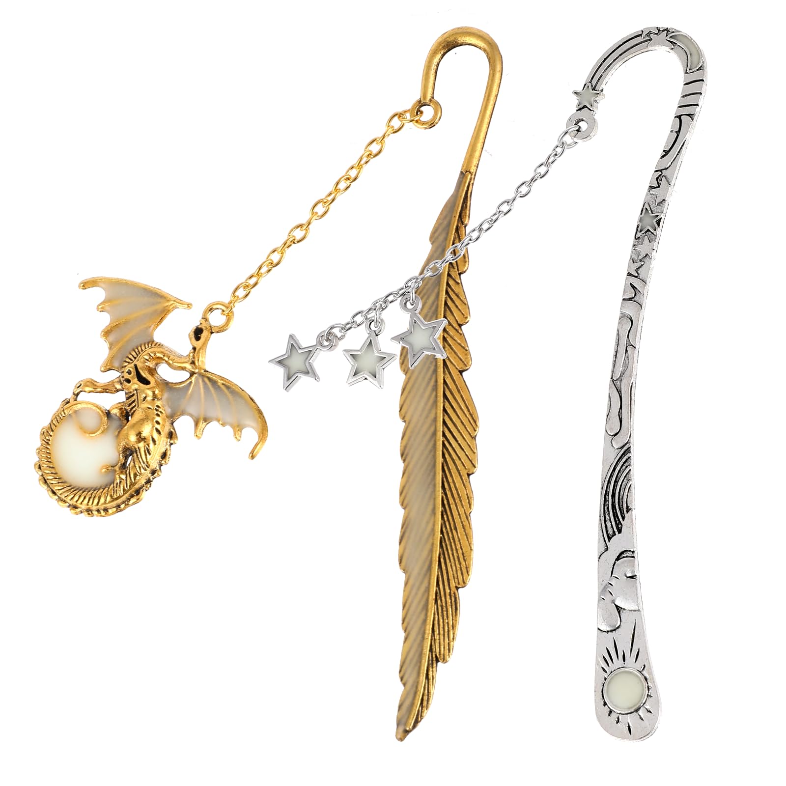 Dimeho 2 Pcs Luminous Bookmark Antique Carved Hook Book Mark Glow in The Dark Moon Stars Dragon Feather Embossed Page Markers Pendant Reading Accessories for Readers Bookworm DIY Crafting