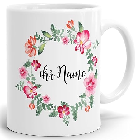 Drucksaal Namenstasse-Tasse-Becher-Kaffeetasse-mit Name-Namen individuell und persönlich Motiv Bunte Blumen