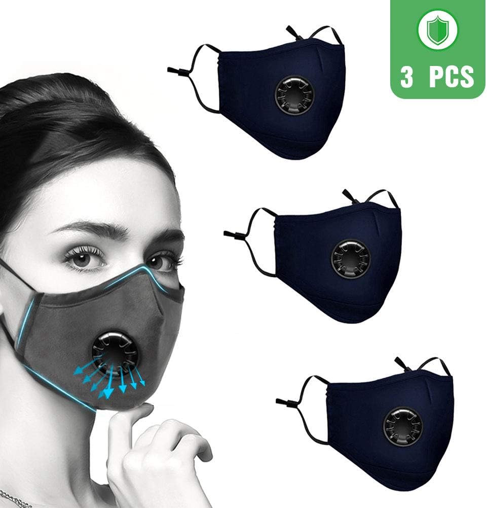 3 Pack Anti Air Dust and Smoke Pollution Mask Washable PM2.5 Masks - Carbon Activated Face Mask, Cotton Washable Respirator Breathing Mask for Pollution Smoke Allergy Mask Navy-blue