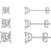 3 Pairs of 14K Gold-Plated Square Cubic Zirconia Stud Earrings, 3mm / 4mm / 5mm Size, S925 Silver Ear Needle, Low Allergenic, Suitable for Both Men and Women