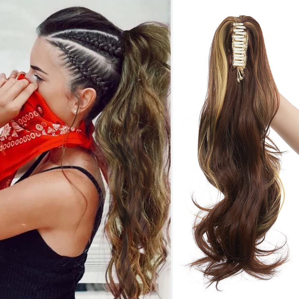 Claw On Ponytail Extension Matte Material 18 Inch/45cm Curly Wavy Clip In Pony tail Synthetic Hairpiece, Maroon & Blonde