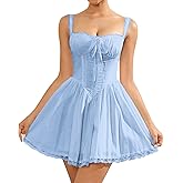 Womens Summer Floral Mini Dress Square Neck Tie Front Lace Spliced Ruched Backless Casual Party Graduation Short Dresses