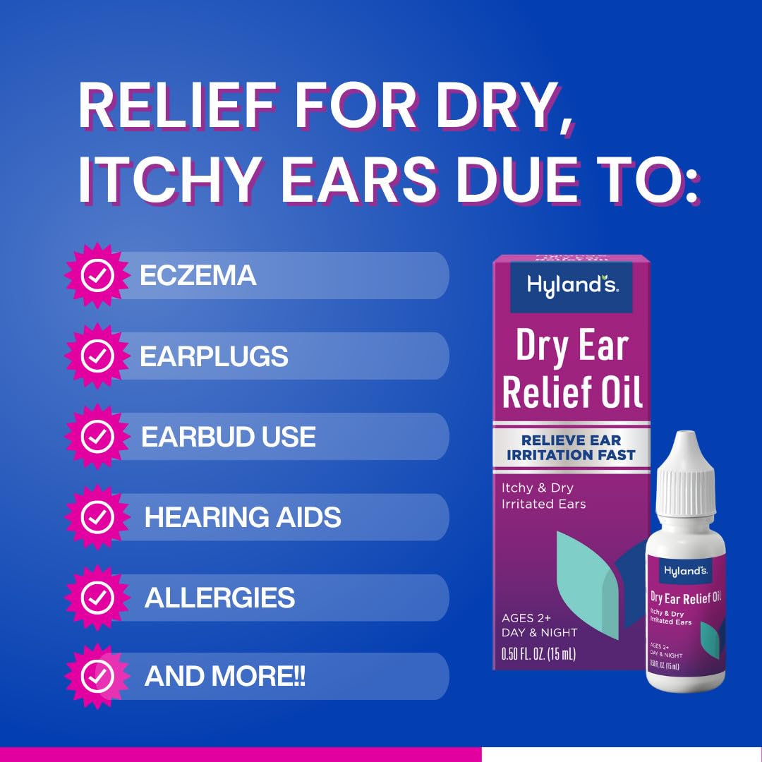 Hyland's Dry Ear Relief Oil, Relieve Ear Irritation Fast, for Itchy and Dry Irritated Ears, Ages 2 and up, Day and Night Drops, 0.5 Ounce