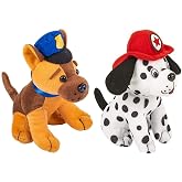 HAPPY DEALS ~ Plush Firefighter Dalmation and Police Dog | 2 Pc Set | 7 Inch | Law Enforcement Firefighter Gifts for Kids
