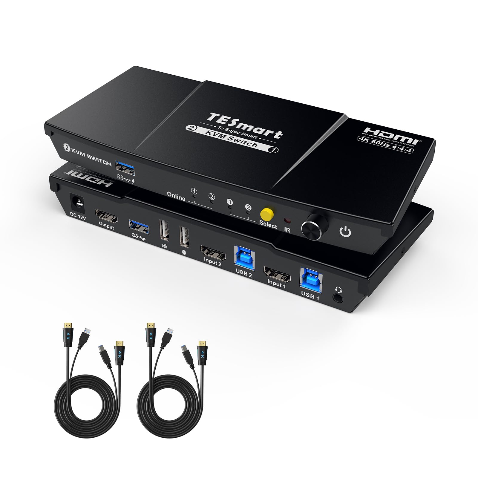 TESmart 4K@60Hz HDMI KVM Switch, for 2 Computers 1 Monitor | USB 3.0 Hub w/Audio & Mic Support | EDID Emulation | Hotkey/Button/IR Switch | Plug & Play | 2-Port KVM, Win/Mac/Linux for Office & Gaming