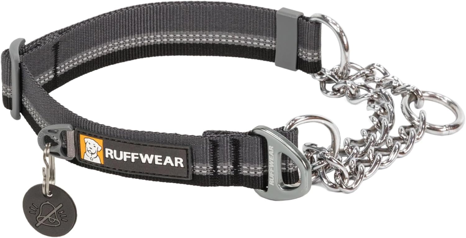 RUFFWEAR Chain Reaction Collar, Medium Dog Collar, Adjustable No Pull Pet Collar, Aluminium D-Ring & Limited Cinch, Reflective Dog Collar with Tubelock Webbing, 14"-20", Basalt Grey