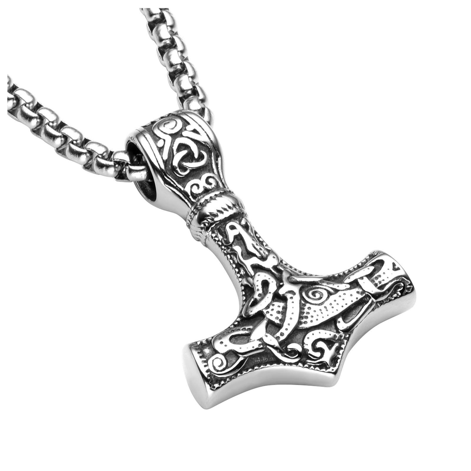 PiercingJak Pendant Necklace Men's Stainless Steel Viking Thor Hammer Celtic Knot Thors Hammer Pendant with 24 Inch Chain Motorbike Biker Silver Black