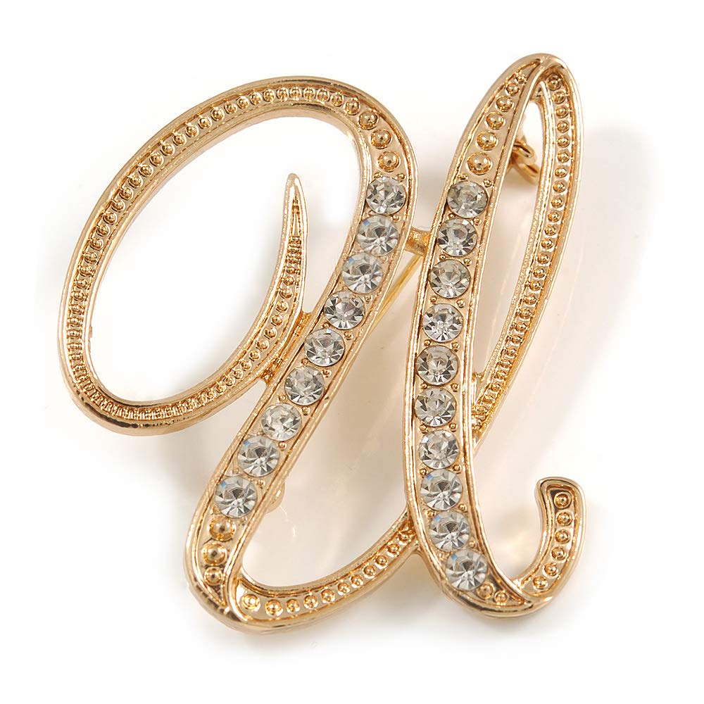 'U' Gold Plated Clear Crystal Letter U Alphabet Initial Brooch Personalised Jewellery Gift - 40mm Tall