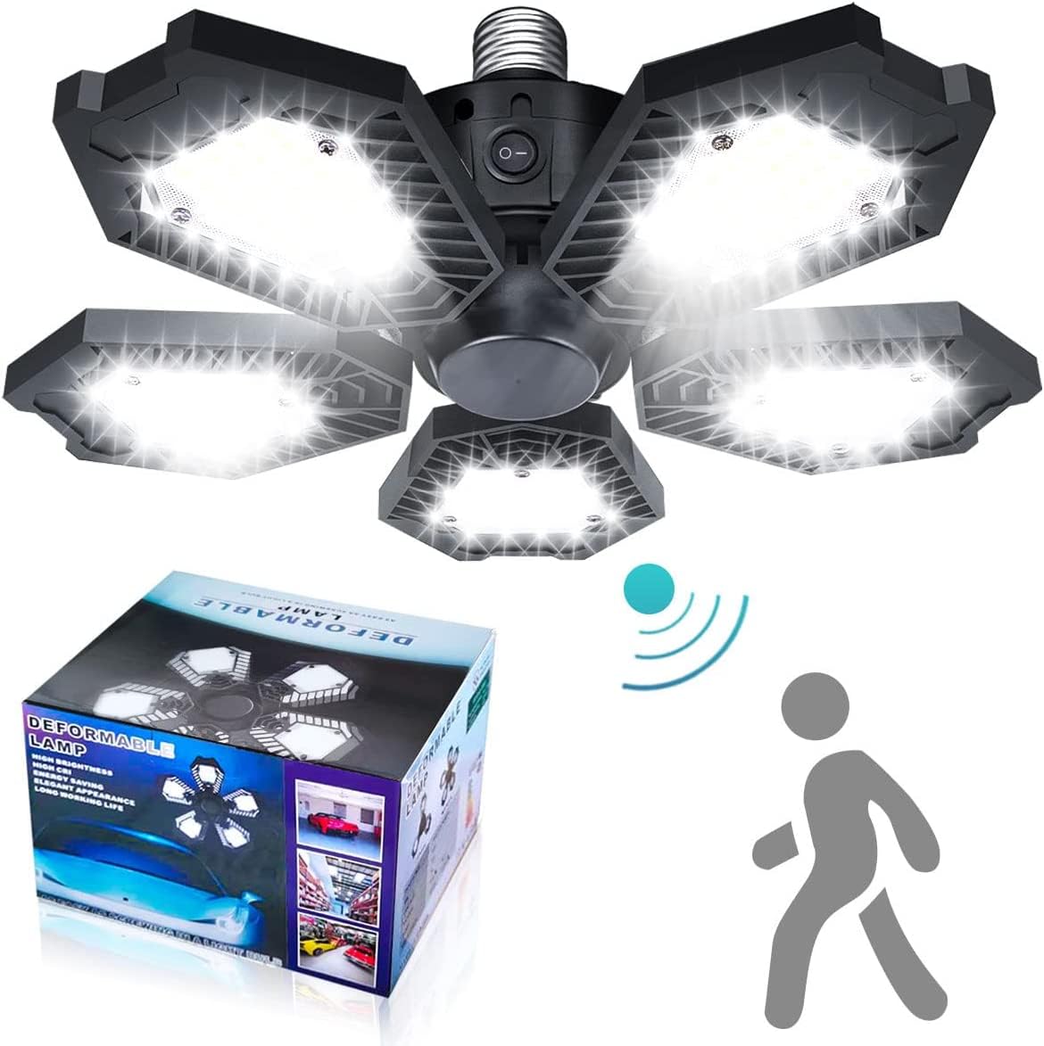 Photo 1 of Motion Sensor Garage Light 150W Deformable Garage Ceiling Light Bulb 15000LM LED Garage Lights Motion Activated Garage Light with 5 Adjustable Panels for Garage Basement Attic Warehouse Workshop