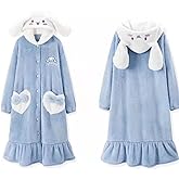 MEOKIM Women's robe button bathrobe Women's hoodie coat plush warm pajamas Long sleepwear with cute pattern pocket pajamas