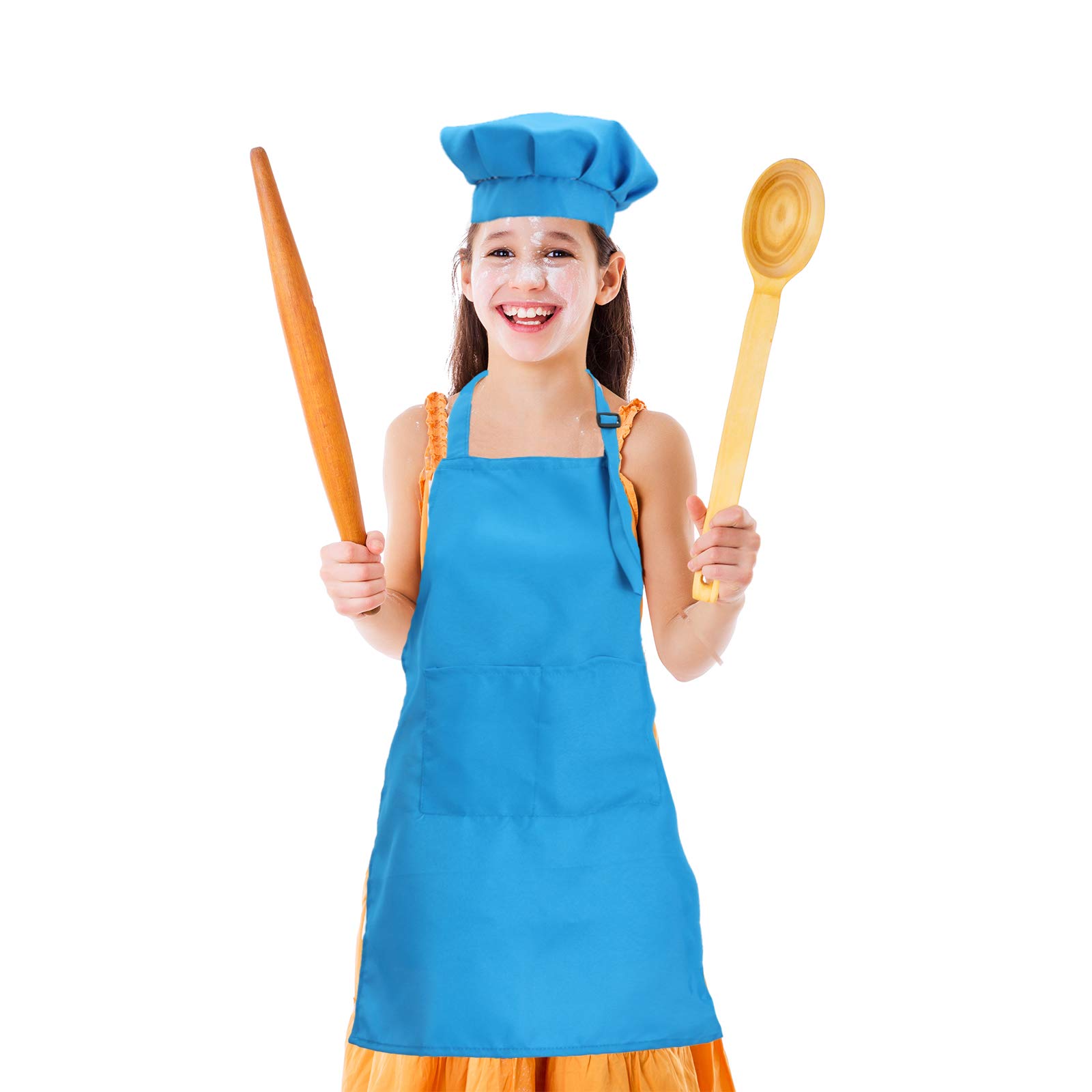 CWFUN 2 Pieces of Kids-Children Bule Apron and Chef Hat,Aprons for Kids-Boys Girls Adjustable Aprons-Children Kid's Kitchen Cooking and Baking Wear(5-13 Years Old) (Baby Blue-1Set, Large) — image 1