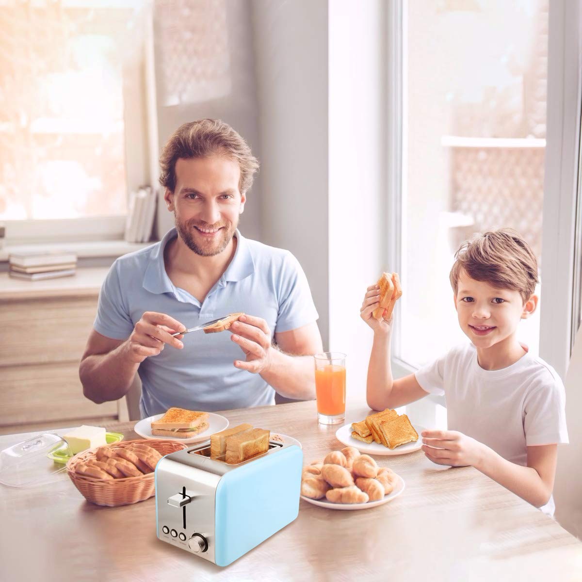 MKG 2 Slice Toaster, Stainless Steel Bagel Toaster with Extra Wide Slots, 6 Shade Settings, Bagel/Defrost/Cancel Function, Removable Crumb Tray, High Lift Lever, Blue