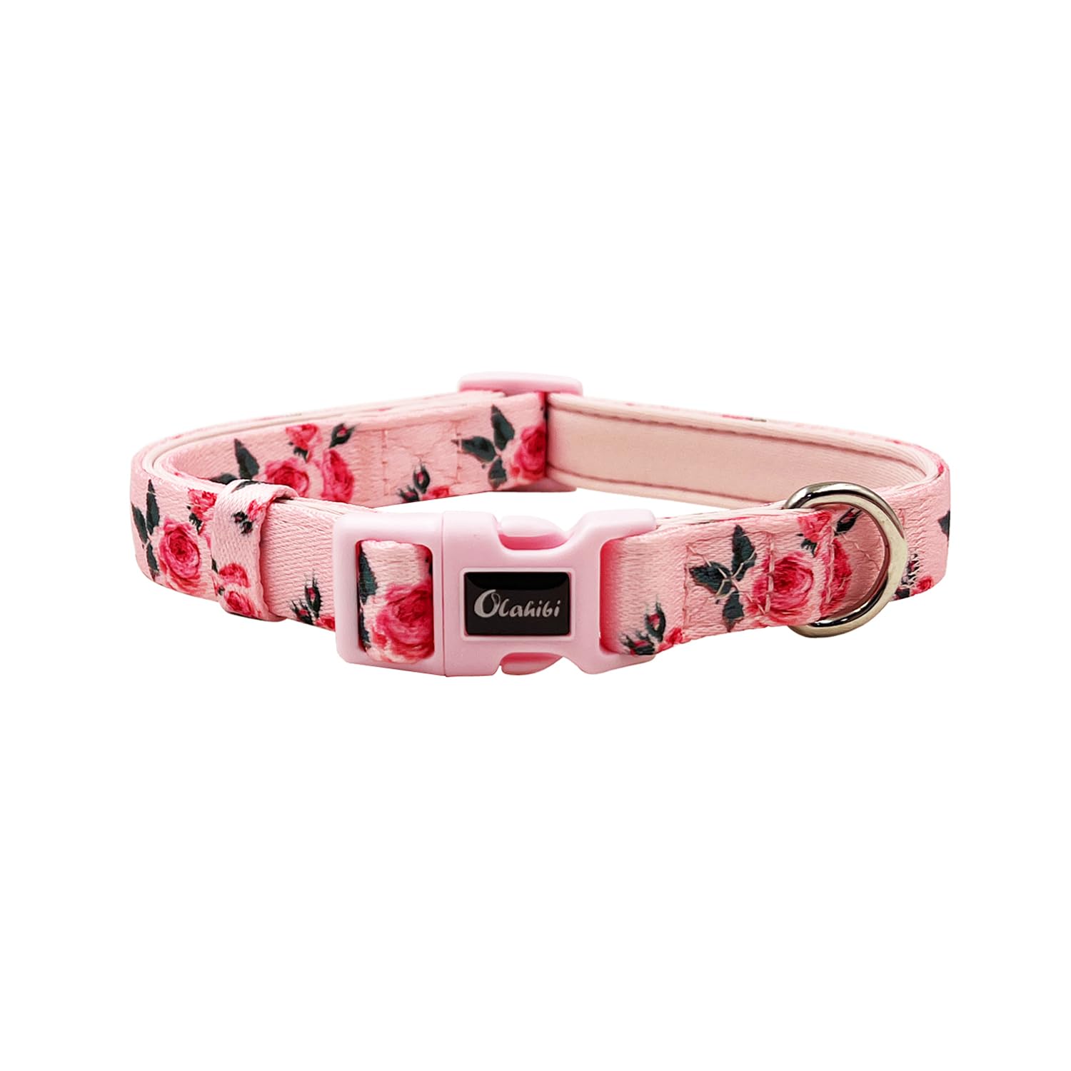Olahibi Basic Dog Collar, Polyester Webbing Padded with Soft Neoprene, Rose Pattern, for Large Dogs.(L, Pink Rose) — image 1