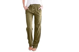 Muyise Womens Cotton Linen Casual Pants Straight Leg Drawstring Elastic High Waist Loose Comfy Palazzo Trousers with Pockets