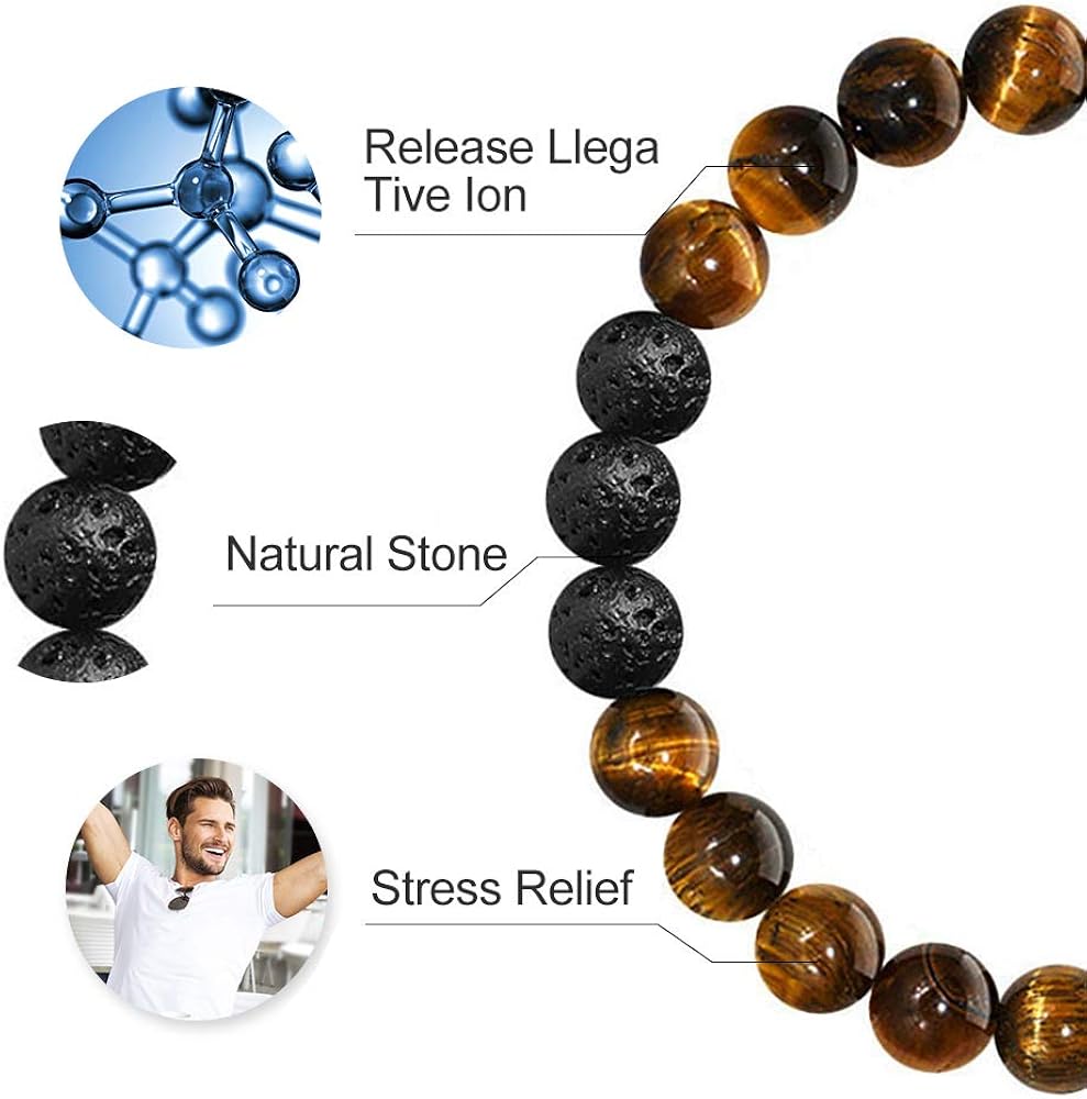 Bead Bracelet for Mens Gifts - Natural Tiger Eye Black Lava Rock Stone Mens Anxiety Bracelets, Adjustable Aromatherapy Essential Oil Diffuser Healing Bracelet Gifts for Men Best Friend Gifts: Clothing