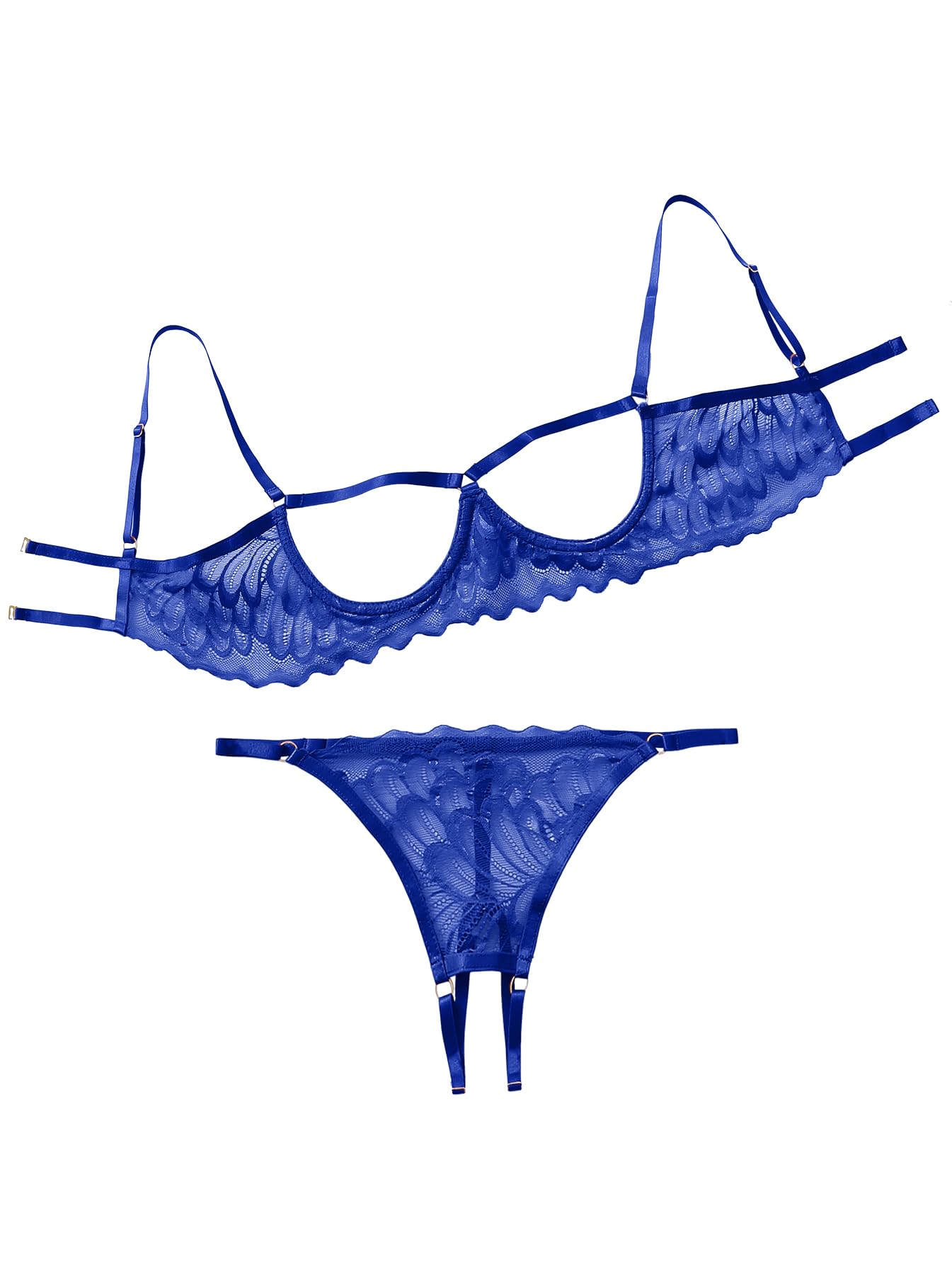 Photo 1 of Lilosy Women's Sexy Underwire Floral Lace Sheer Bachelorette Lingerie Set See Through Bra and Panty 2 Piece Royal Blue Large