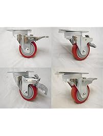 3" X 1-1/4" Swivel Casters Red Polyurethane Wheel Total Lock Brake 300lb Each (4)