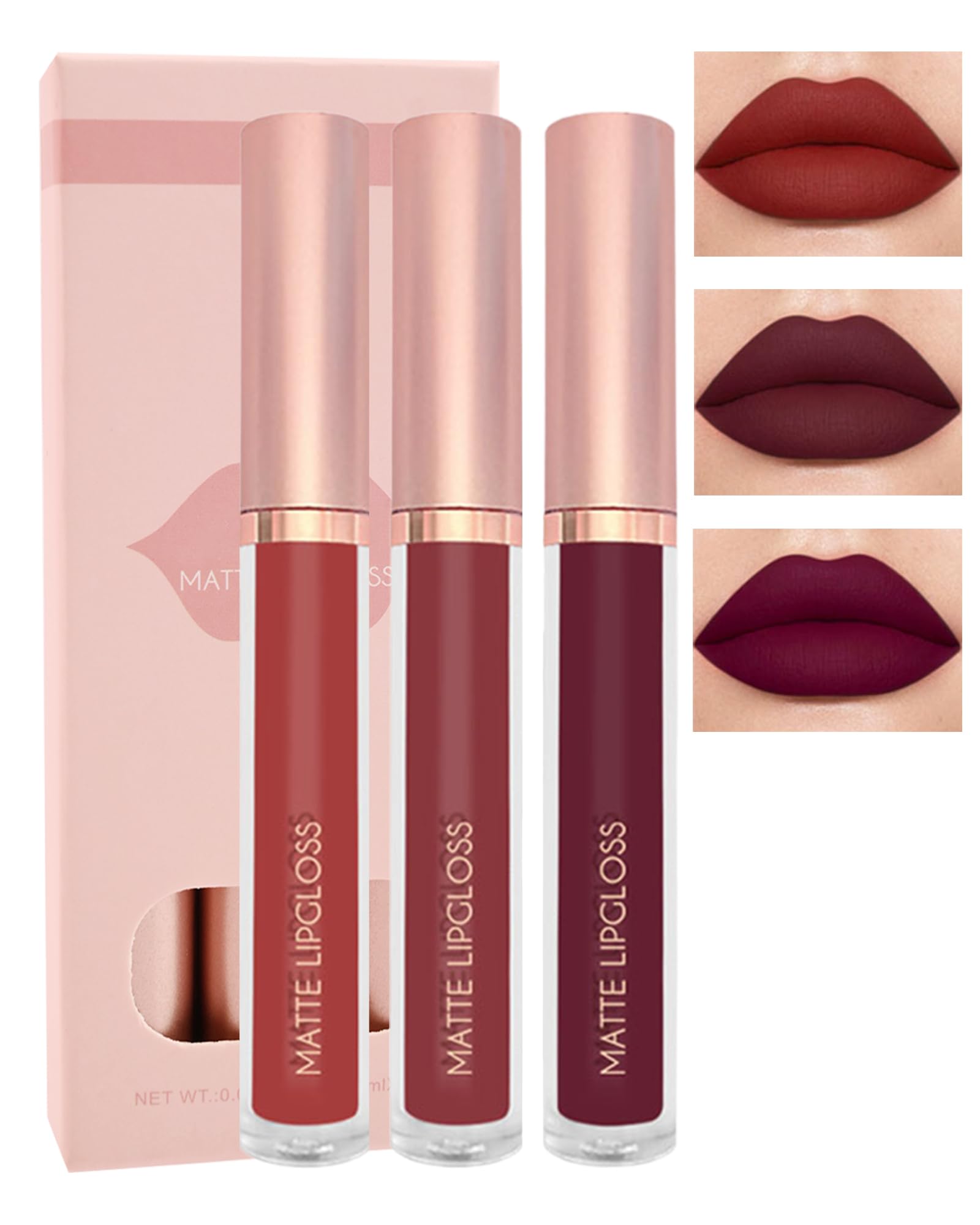 Matte Liquid Lipstick Set-3Pcs High Pigmented Lip Stain Tint, Long Lasting 24H Red Lipstick Waterproof Non-Stick Cup Velvet Lip Gloss, Smudge Proof Not Fade Lips Blam Makeup Gift Box for Women-Set d