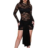 Uni Clau Women's Sexy Lace Mini Dress Y2K Long Sleeve Sheer See Through Floral Bodycon Club Party Wedding Guest Dresses