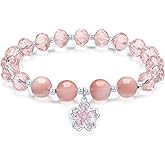 ZHOU LIU FU Sterling Silver Bracelets Silver Flower Charm Beaded Bracelet Pink Agate Glass Beads Stretch Bracelets Dainty Jewelry for Women Mom Daughter Birthday Anniversary 6.7"/17CM J1914473