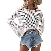 KEOMUD Women Mesh Crochet Crop Top Long Sleeve Hollow Out Knit Sweater Bikini Beach See Through Cover Ups