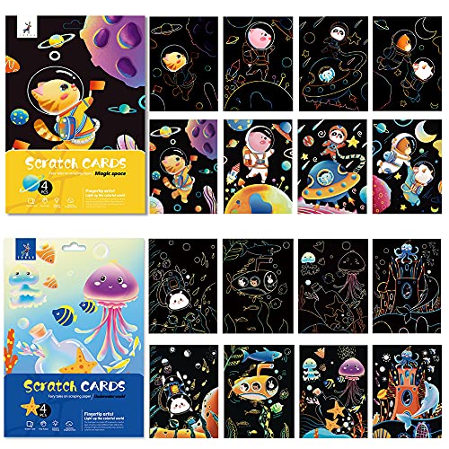 BOTEEN Scratch & Sketch Art for Kids-Scratch Rainbow Painting Art Paper,Scratchboard Creative DIY Kids Arts and Crafts Gifts,8pcs Size for 10.6x7.6(Space & Underwater World)
