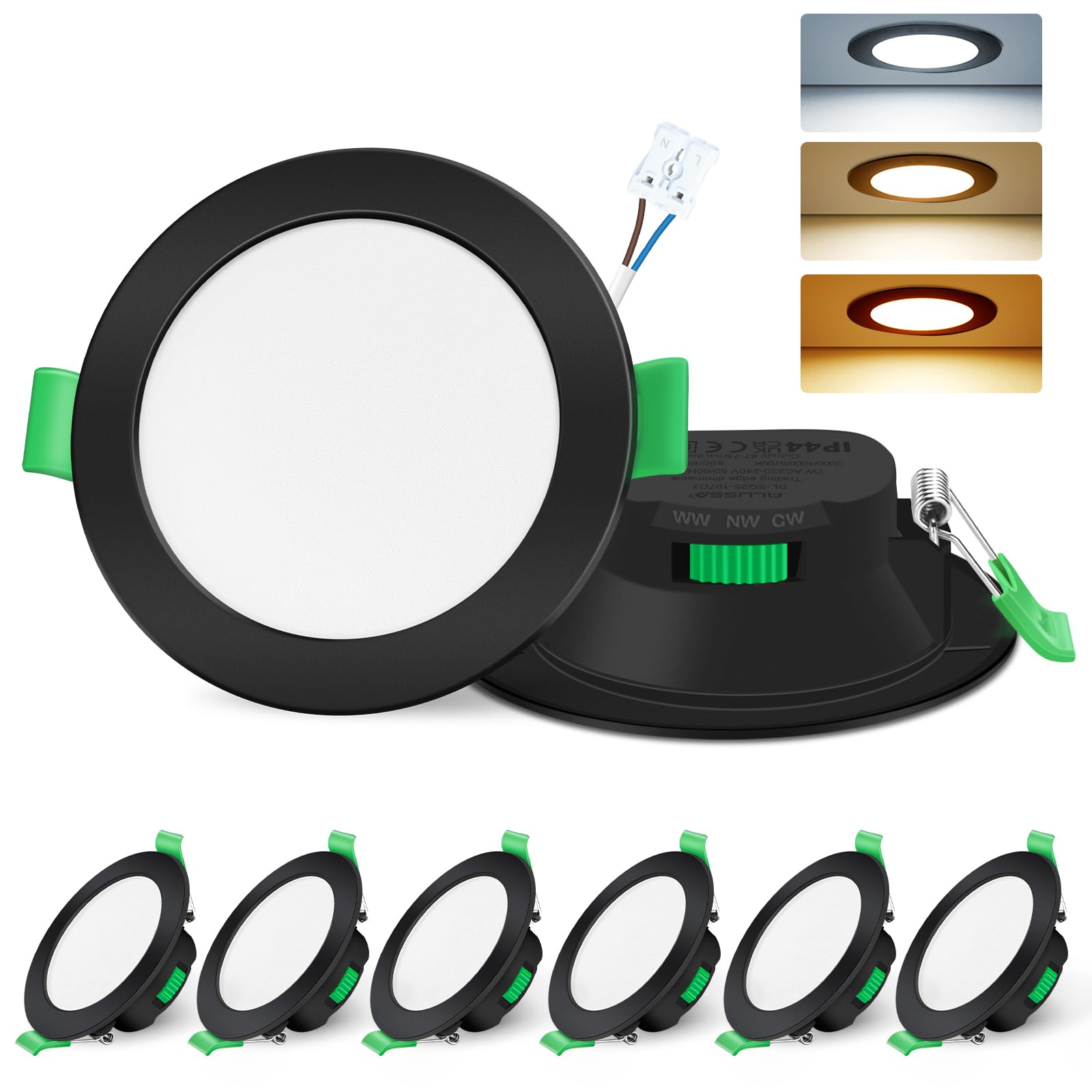 ALUSSO Black LED Downlights Ceiling Dimmable 7W Slim LED Recessed Ceiling Lights IP44 Bathroom Spotlights Ceiling Lights, 3000K Warm 4000K Neutral 6500K Cool Adjustable Spot Lights, 6 Pack