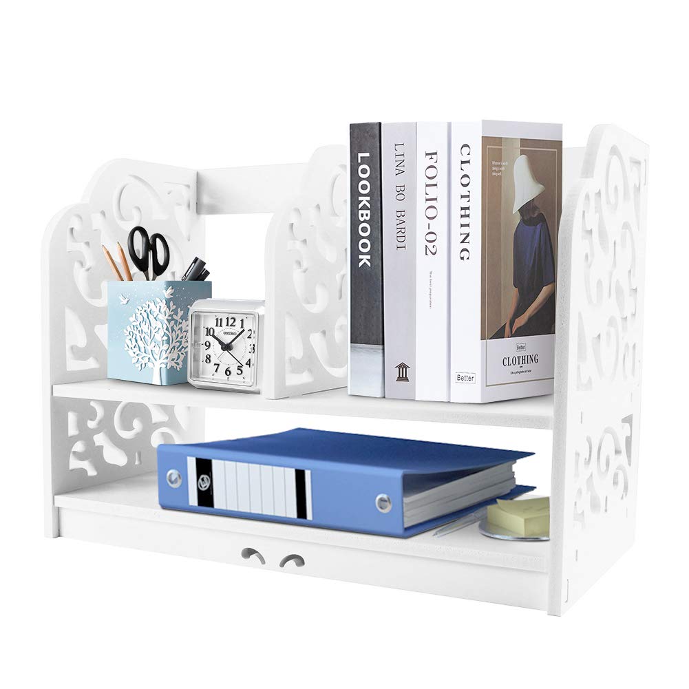 2 Tier DIY Wooden Desktop Shelf With Baroque Carve Style Display, CD Book Storage Box Unit Organizer Holder, Makeup Rack for Home Office Kitchen Bedroom Bathroom