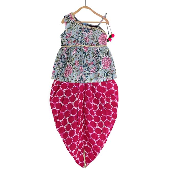 Peaches By Hopscotch Girls Poplin Floral Print Kurta With Dhoti Set In Green Color
