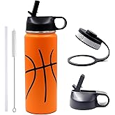 18 oz Basketball Water Bottle, Sports Flask Metal Travel Tumbler with 2 Lids, Stainless Steel Double Wall Vacuum Insulated Thermo Water Bottles, Basketball Accessories Stuff Gifts for Mom Boys Girls