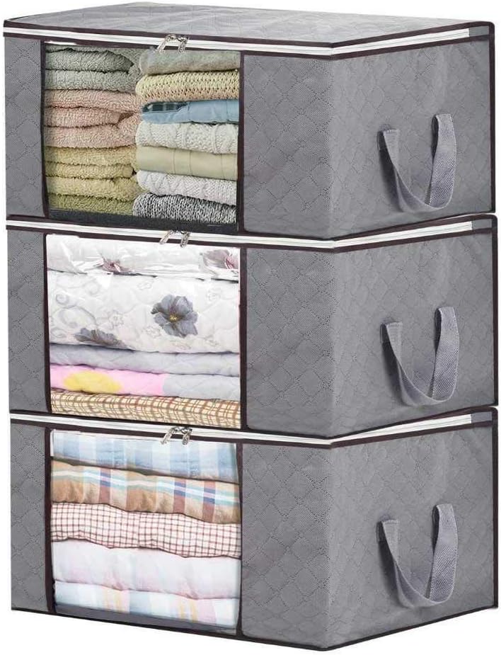 Afufu Storage Bag, 3Packs Large Capacity Foldable Storage Boxes Organizers, Waterproof Anti-Mold Moisture Proof Clothes Storage with Clear Window & Carry Handles (Grey)