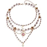 NOVYRA Layered Necklace for Women Vintage Beaded Crystal Fairy Moon Sun Pendant Necklaces Party Dresses Accessories Jewelry