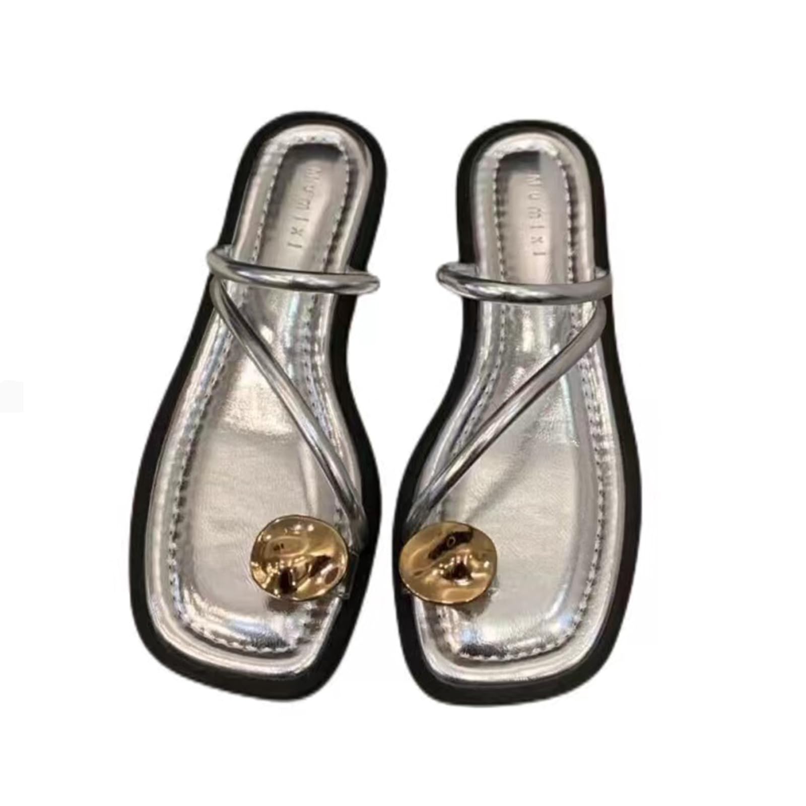 Photo 1 of (MEDIUM) (USED/FAIR) (BAGGED) Women's leather strappy flat metal toe ring sandals fashionable square open toe low block heel slip-on Clip Toe Slide Sandals Casual Summer Beach slipper (silver, Adult, Women, 5, Numeric, US Footwear Size System, Medium)
