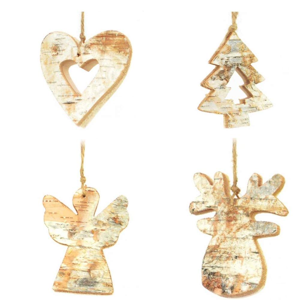 Set Of 4pcs Hand Crafted 8cm Real Wooden Christmas Ornament Tree Hanging Decorations Xmas Home Décor -Angel - Tree - Reindeer - Heart Each, Brown