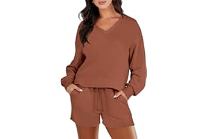 Caracilia Women's 2 Piece Outfits Long Sleeve V Neck Cropped Tops and Shorts Matching Lounge Sets Tracksuit Sweatsuits