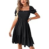 LYANER Women's Square Neck Shirred Puff Sleeve A Line Ruffle Tiered Casual Mini Dress