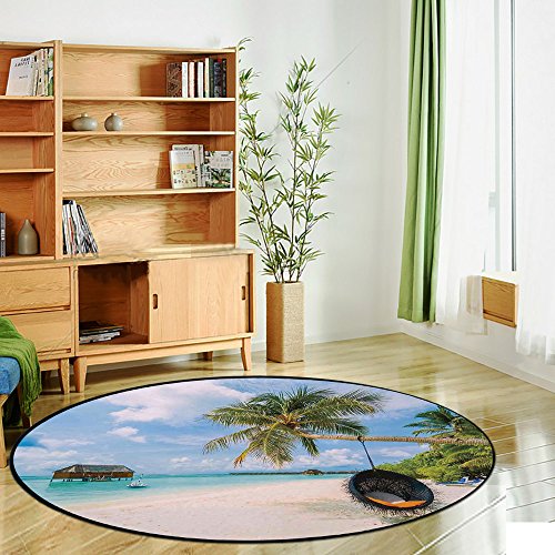 Printing Round Rug,Ocean,Exotic Beach in the Maldives with Crystal Waters and Palm Trees on the Sand Tropical Decor Mat Non-Slip Soft Entrance Mat Door Floor Rug Area Rug For Chair Living Room,Multi - Thumbnail 2