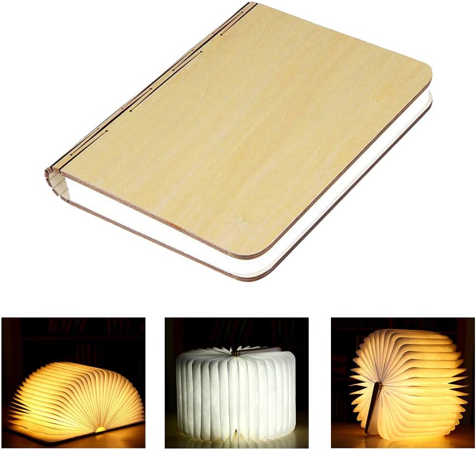 3 Colors Wooden Book Light, Folding Book Lamp, Night Light Magical USB Rechargable Book Shaped Light, Led Table Lamp for Decor, Magnetic Design- Creative Gift (10×7.9×2.5cm)