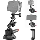 CNC Machined 3in Suction Cup Camera Mount with Ball Head Magic Arm, 1/4" ARRI Holes, Quick Release Car Mount with Phone Holder & Action Camera Adapter Compatible with DJI OSMO Pocket 3 Insta360 iPhone