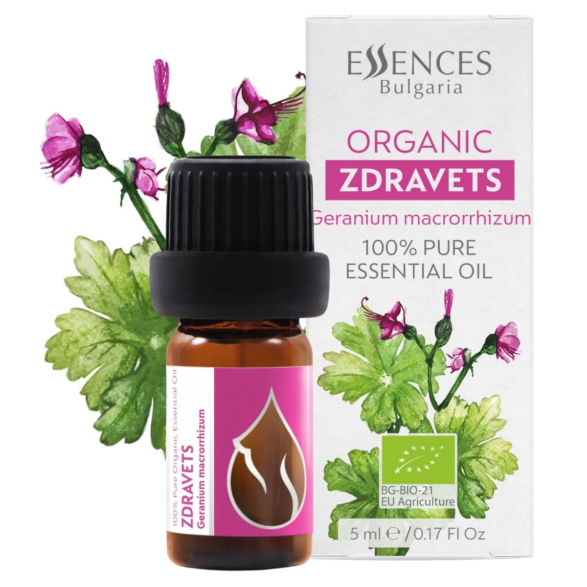 Essences Bulgaria Organic Zdravets Essential Oil 5ml | Geranium macrorrhizum | 100% Pure and Natural | Undiluted | Therapeutic Grade | Family Owned Farm | Steam-Distilled | Non-GMO | Vegan