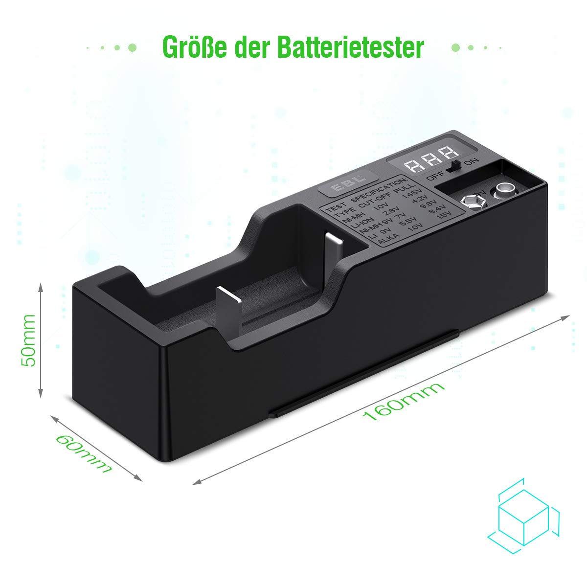 EBL Batterien Tester Universal Batterieprüfergerät für AA AAA NI-MH C D LI-ION 18650 14500 18500 10440 NI-MH 9V LI 9V Batterie testgerät mit LCD-Anzeige Akku Testgerät für Spannung