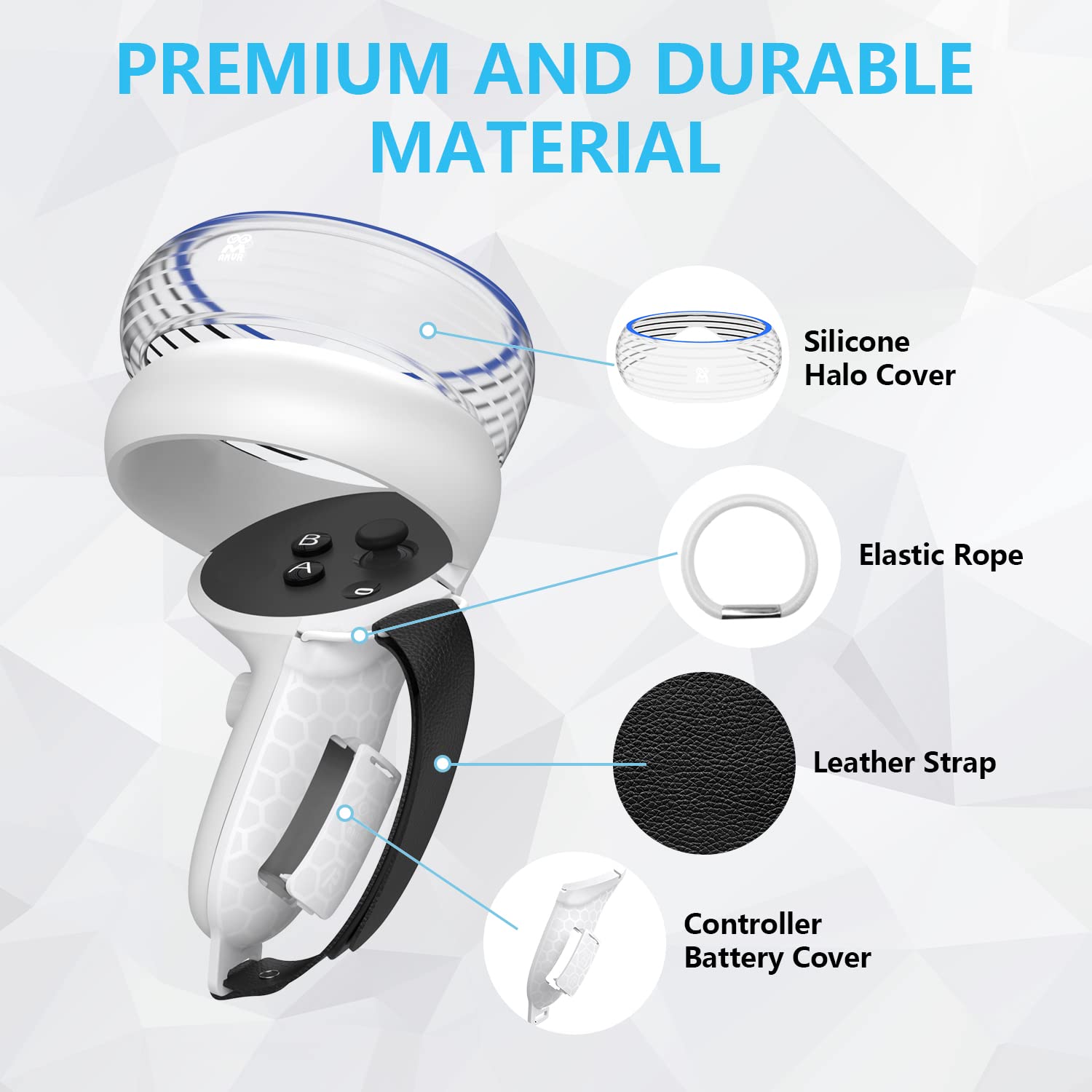 AMVR for Quest 2 Accessories with Halo Protectors, Anti-Throw Hand Strap for Controller Protector with Battery Opening