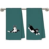MKIJUHB Tuxedo Cat Gifts Kitchen Dish Towels, Cat Lovers Mom Lady Gifts, Black and White Kitty Kitten Decorative Teal Hand Towels for Bathroom, 16x24 Inch Set of 2