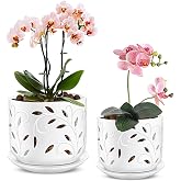 EFISPSS Ceramic Orchid Pots 5+6 Inch White with Drainage Holes &amp; Tray, Breathable Airflow, Indoor &amp; Outdoor