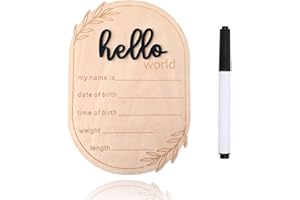 DUOJINSANXI Baby Announcement Sign, 5.91x4.13 Inch Wooden Hello World Newborn Signs, Birth Announcement Sign, Ear of Wheat Decoration, Welcome Newborn Arrival to World, Hospital Nursery for baby (Black,Pen)