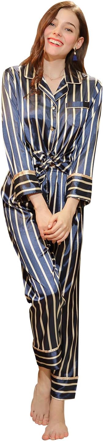 Women’s Silk Satin Classic Long Sleeve Pajamas Button Down Silky Floral Animals Pattern Set Loungewear Sleepwear
