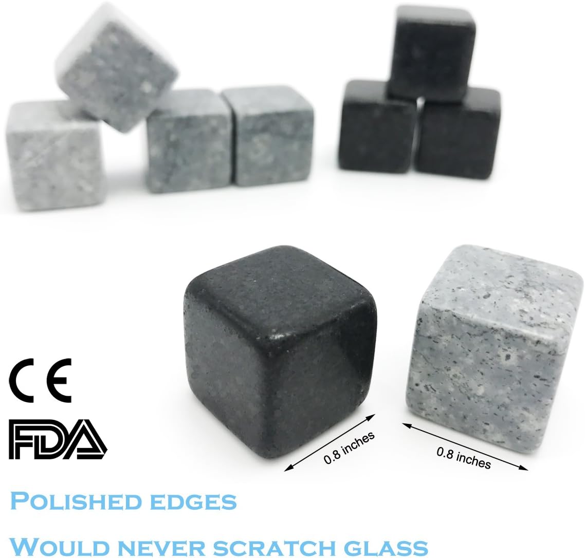 iiiMY Whisky Stones Gift Set of 9 Natural Soapstone and Granite Chilling Rocks with Stylish Wooden Box and Free Velvet Pouch - Image 4