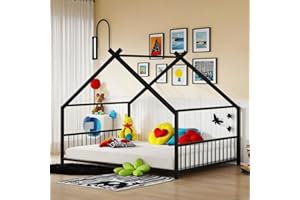 UOCFYK Full Size Montessori Toddlers Floor Bed with Headboard & Footboard, Metal House Bed Frame with Soundproof Strip for Boys and Girls, Kids Playroom, No Box Spring Needed, Easy to Assemble, Black