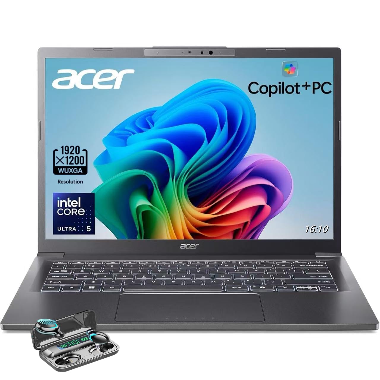 acer Aspire 14 Laptop, 14" WUXGA (1920 x 1200) Display, Intel Ultra 5-226V, AI Copilot+PC, 16GB LPDDR5X RAM, 1TB SSD, Windows 11 Home, ‎Gray, TWE Wireless Earbuds