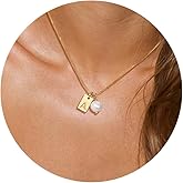 BRAYEG Gold Pearl Initial Necklaces for Women, Dainty 14K Gold Filled Initial Necklace Tiny Letter Gold Necklace Tag Necklaces Mother's Day Jewelry Gift